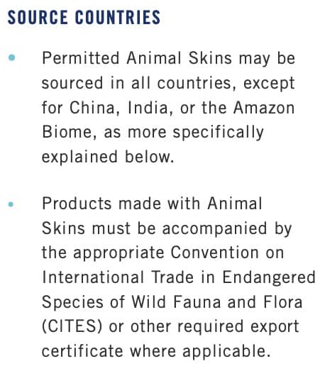 screenshot of nike animal skins policy