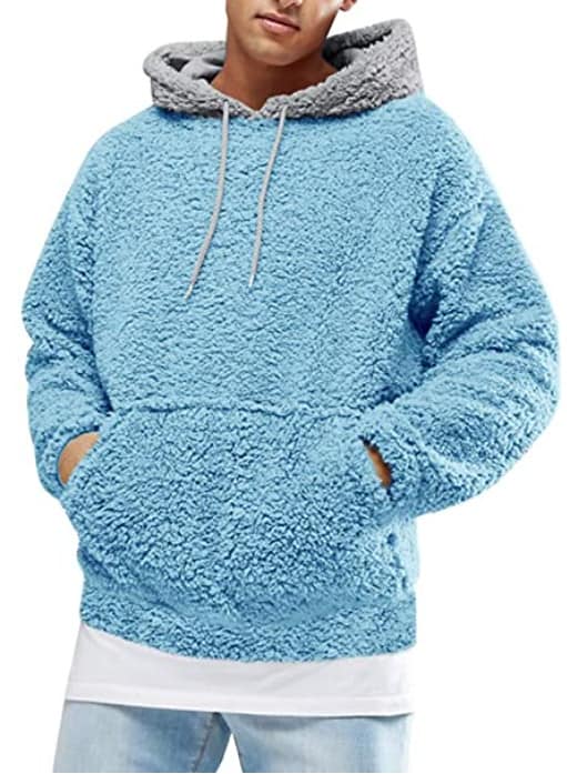 Fluffy faux sherpa hoodie, men's, blue