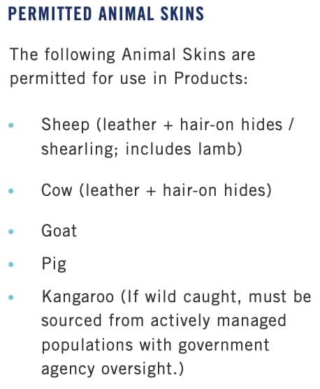 screenshot of nike policy for animal skins