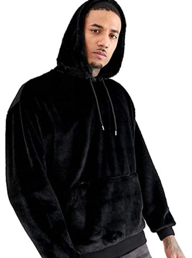 Men's faux fur hoodie in black.