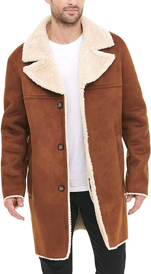 mens faux fur coats DKNY Men's Shearling Walking Coat with Faux Fur Collar